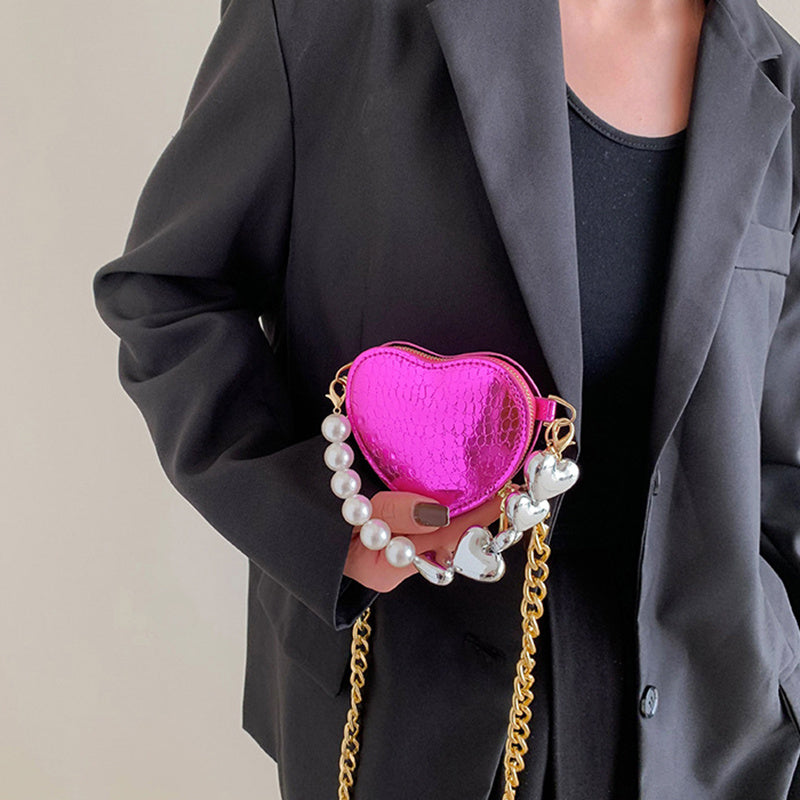 Women's Mini Love-shape Pearls Lipstick Handbag with Cute Chain