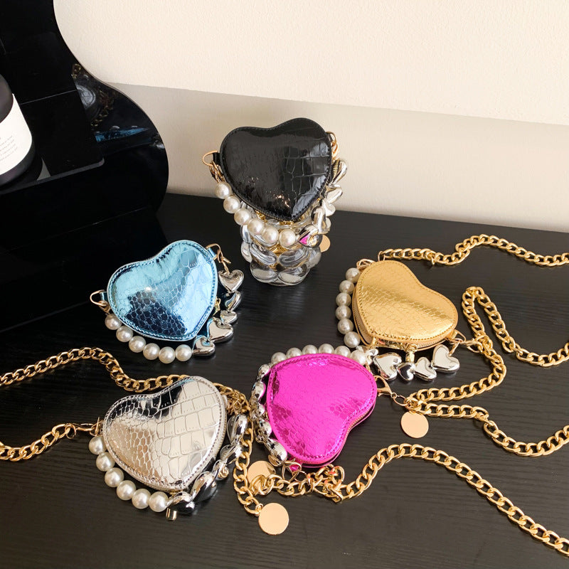 Women's Mini Love-shape Pearls Lipstick Handbag with Cute Chain