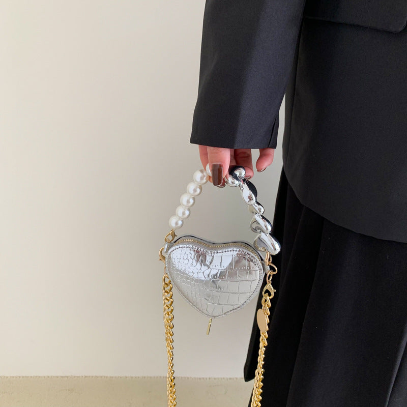 Women's Mini Love-shape Pearls Lipstick Handbag with Cute Chain