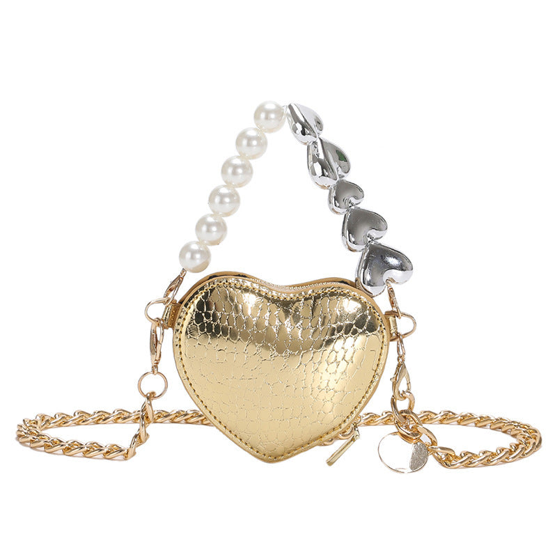 Women's Mini Love-shape Pearls Lipstick Handbag with Cute Chain