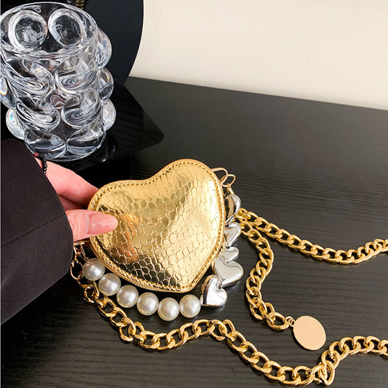 Women's Mini Love-shape Pearls Lipstick Handbag with Cute Chain
