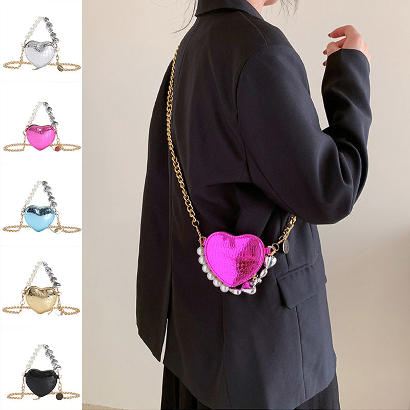 Women's Mini Love-shape Pearls Lipstick Handbag with Cute Chain