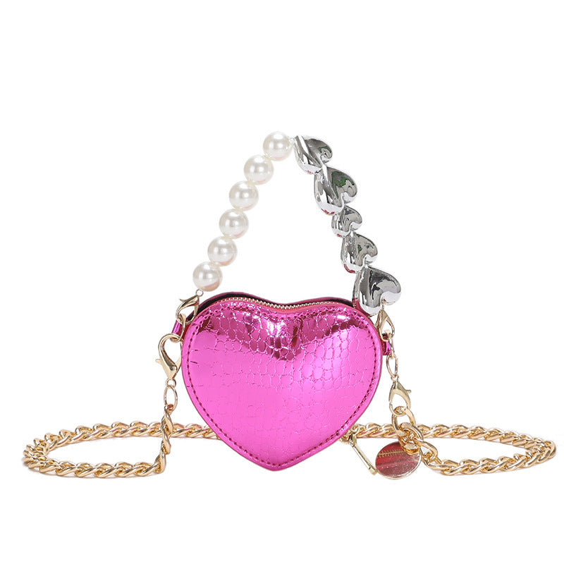 Women's Mini Love-shape Pearls Lipstick Handbag with Cute Chain