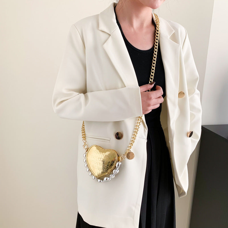 Women's Mini Love-shape Pearls Lipstick Handbag with Cute Chain